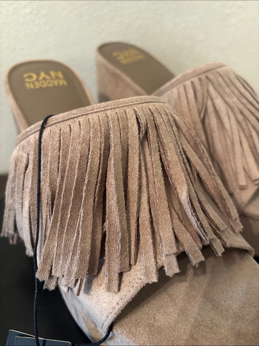 Madden NYC Women's Tan Suede Fringe Boho Platform Wedge Sandals - Size 10